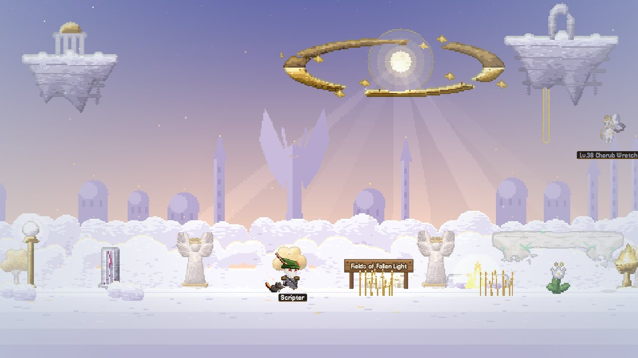 The Heathens: clouds, broken angel statues and a golden halo over the Fields of Fallen Light