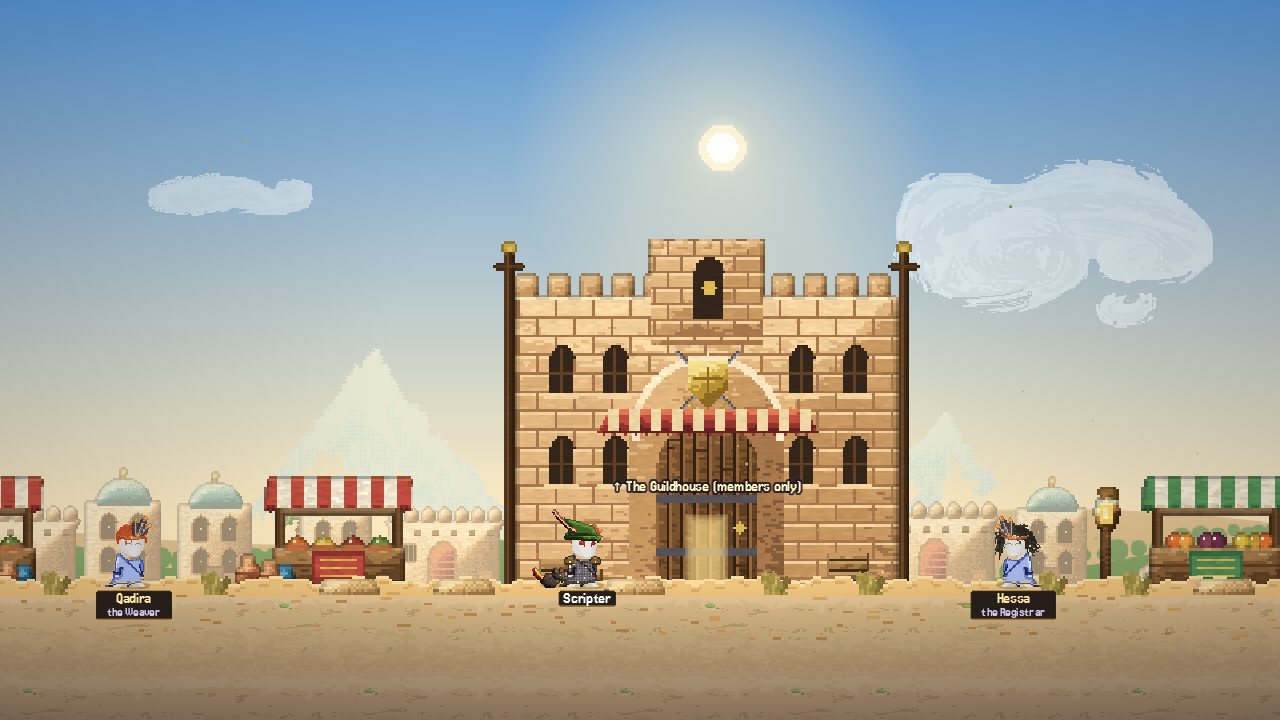 The Glass Bazaar in the Sunscar desert, with the Guildhouse and market stalls